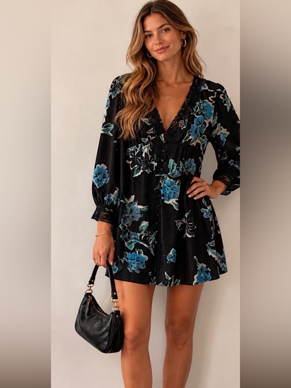 NWT The Kooples 90s Floral Print V-Neck Lace Trim Buttoned Dress Sz 3/L